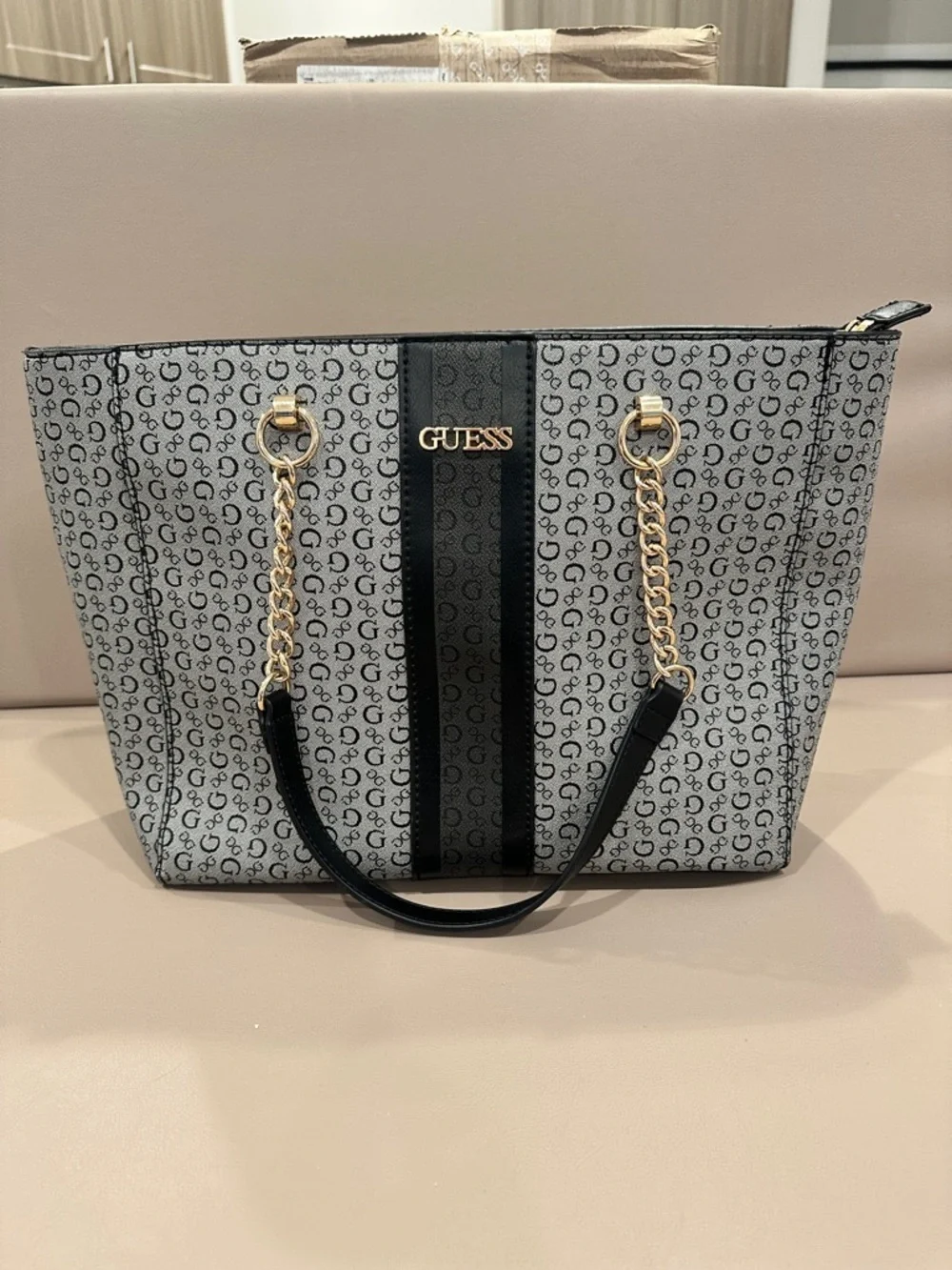 GUESS Black and Gray Logo Stripe Tote with Gold Chain Accents - Picture 1 of 8